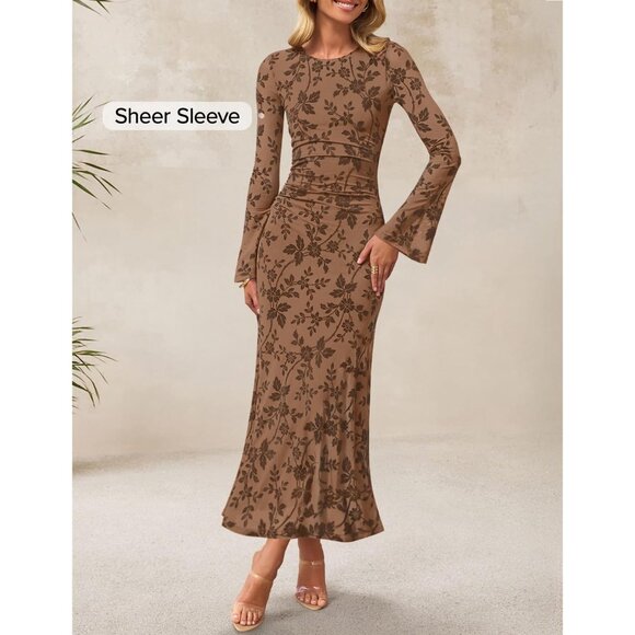 Zesica Women's Brown Yellow Ruched Mesh Long Sleeve Floral Bodycon Dress - Picture 2 of 5